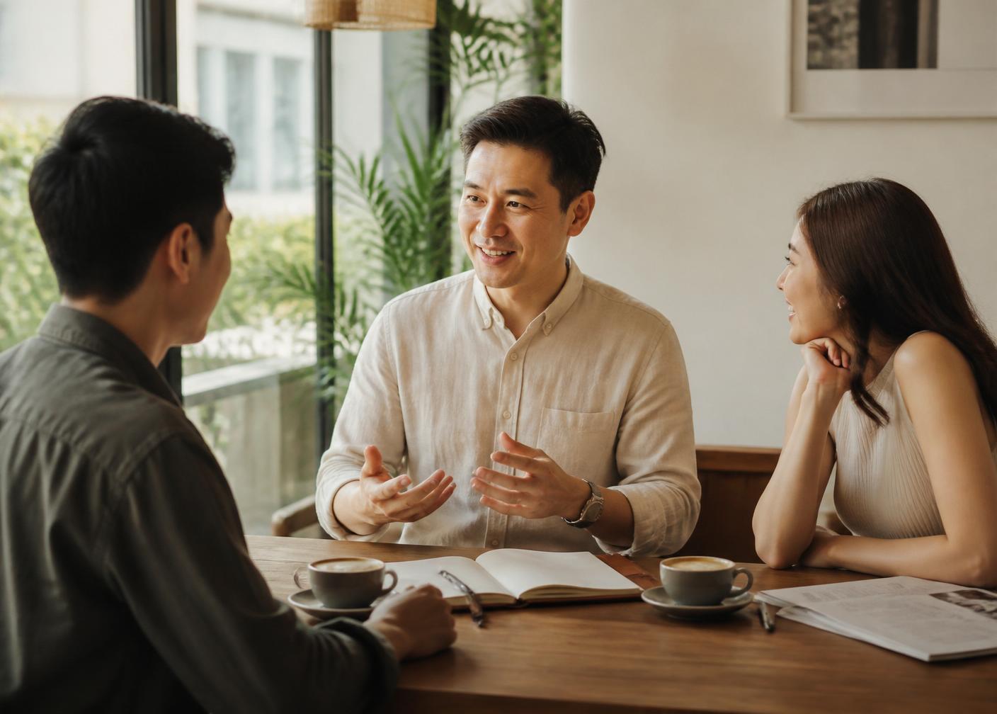 Marcus in conversation with clients over coffee