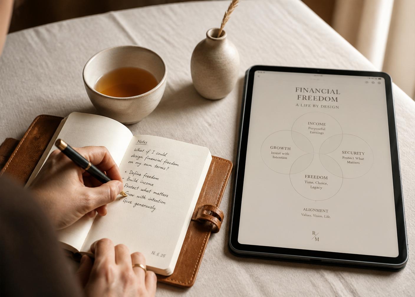 Handwritten planning notes beside an iPad